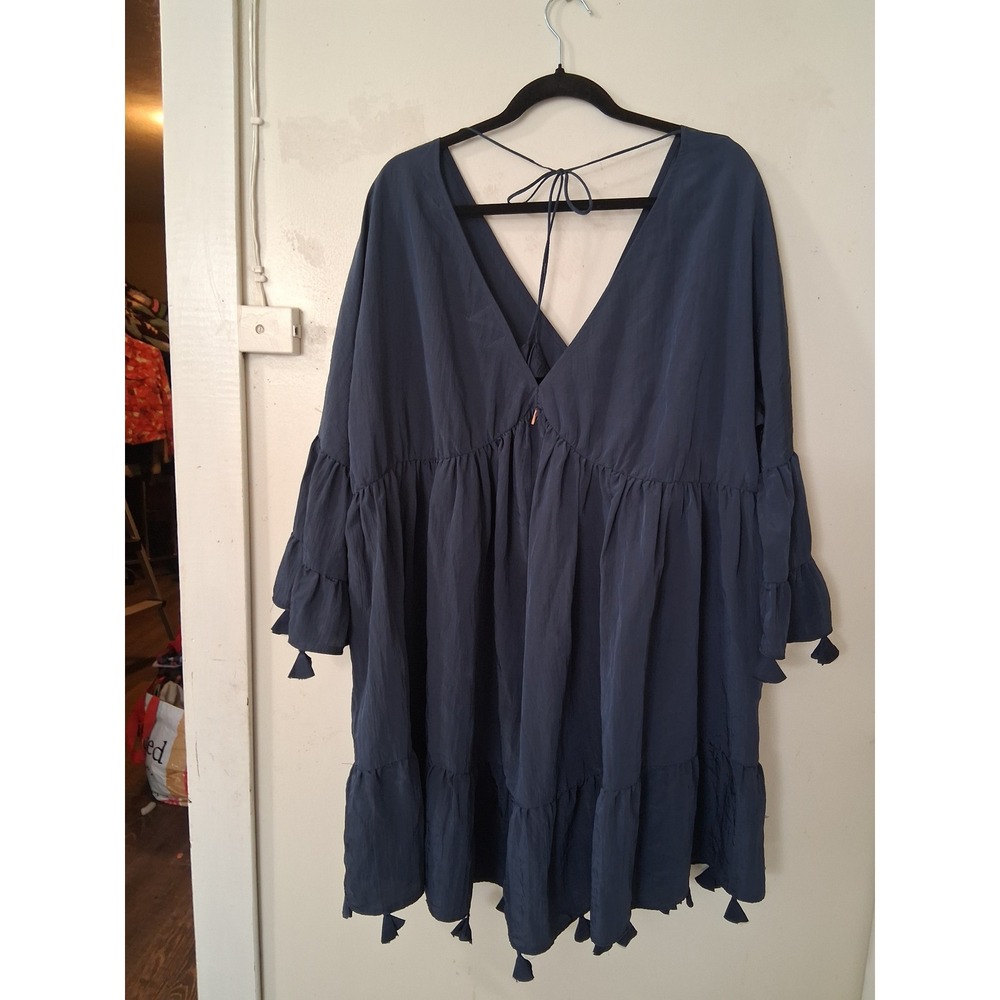 MISA Los Angeles Mahtab Dress Navy Blue Tassel Tiered Bell Sleeve Mini Large